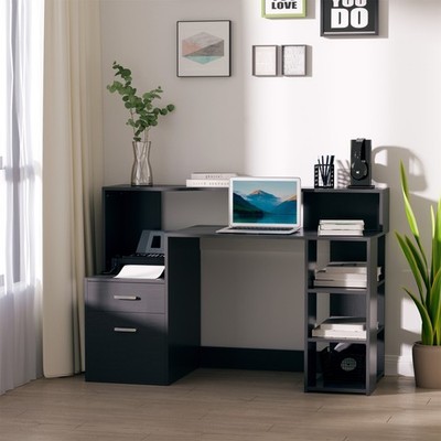 Multi-Storage & Workstation Schreibtisch Tisch mit Ablage Regale Home Office Schwarz