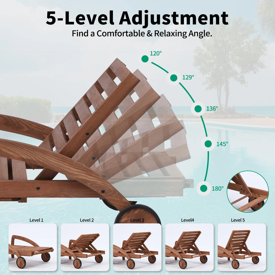 2 PIEZAS Sillón Patio Exterior Madera Chaise Reclinable Ajustable con Ruedas y Bandeja Foto 2 de 4