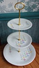 3 tier china cake stand with artistic blue, pink & yellow flowers