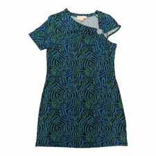 NWT Michael Kors Blue Green Zebra Print Sheath Dress Asymmetrical Neck O-Ring L