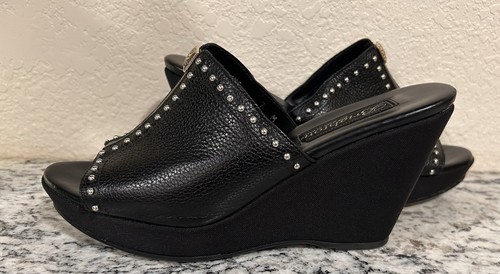Brighton Skye Black Pewter Chunky Slip On Heels Wedges Size 7