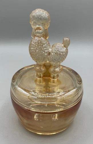 Jeanette Glass French Poodle 1940 Vanity Powder Jar Marigold Carnival Glass