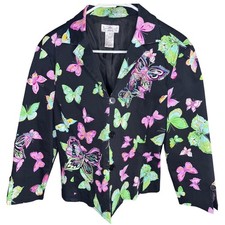 Festival Retro Butterfly Blazer Black Multicolor Maximalist Sequin Jacket Sz 12