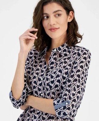   NEW TOMMY HILFIGER VALENTINES Heart Print Roll-Tab Sleeve Button-Down Shirt L