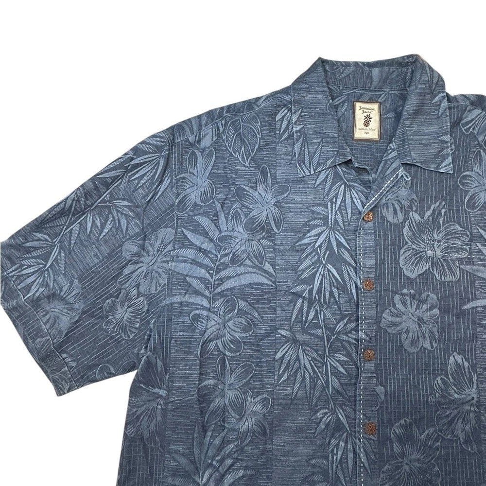 Jamaica Jaxx Men's Blue Tropical Button Down 100% Silk Textured Shirt XL