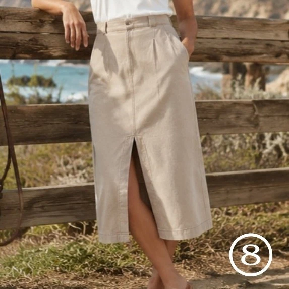 Free People • Taupe Linen Blend • Midi Skirt • Front Slit • Boho • Size 8 •