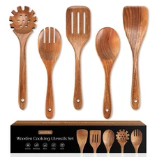 5 PCS Wooden Spoons for Cooking Natural Teak Kitchen Utensils Set Smooth Non-...