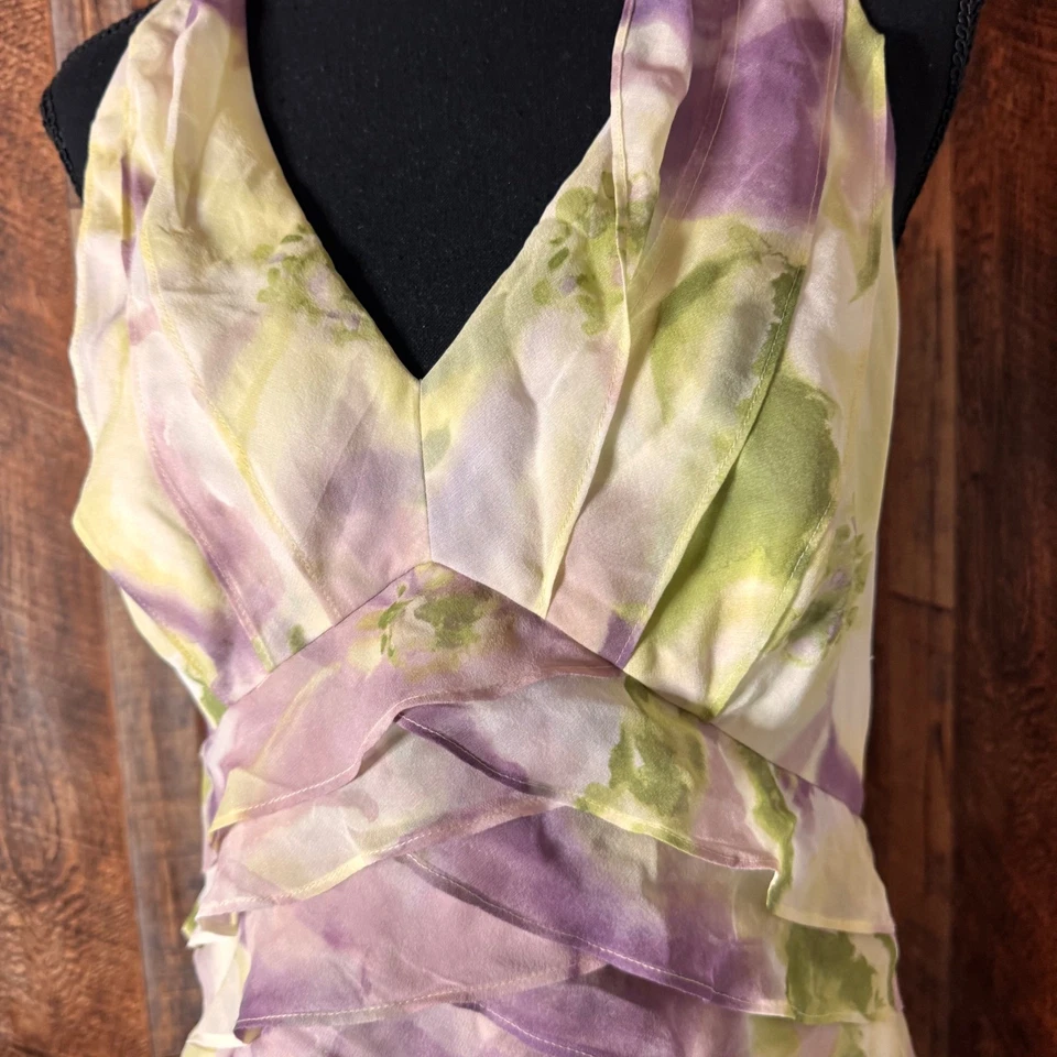 Vestido JS Collections Talla 12 Púrpura Verde Amarillo Floral Halter Sin Mangas en Niveles Foto 2 de 4