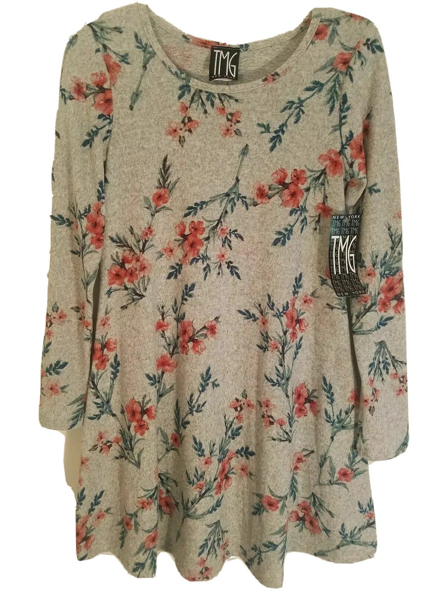 TMG New York Women Sweater Dress Floral Long Sleeve Small S Powder