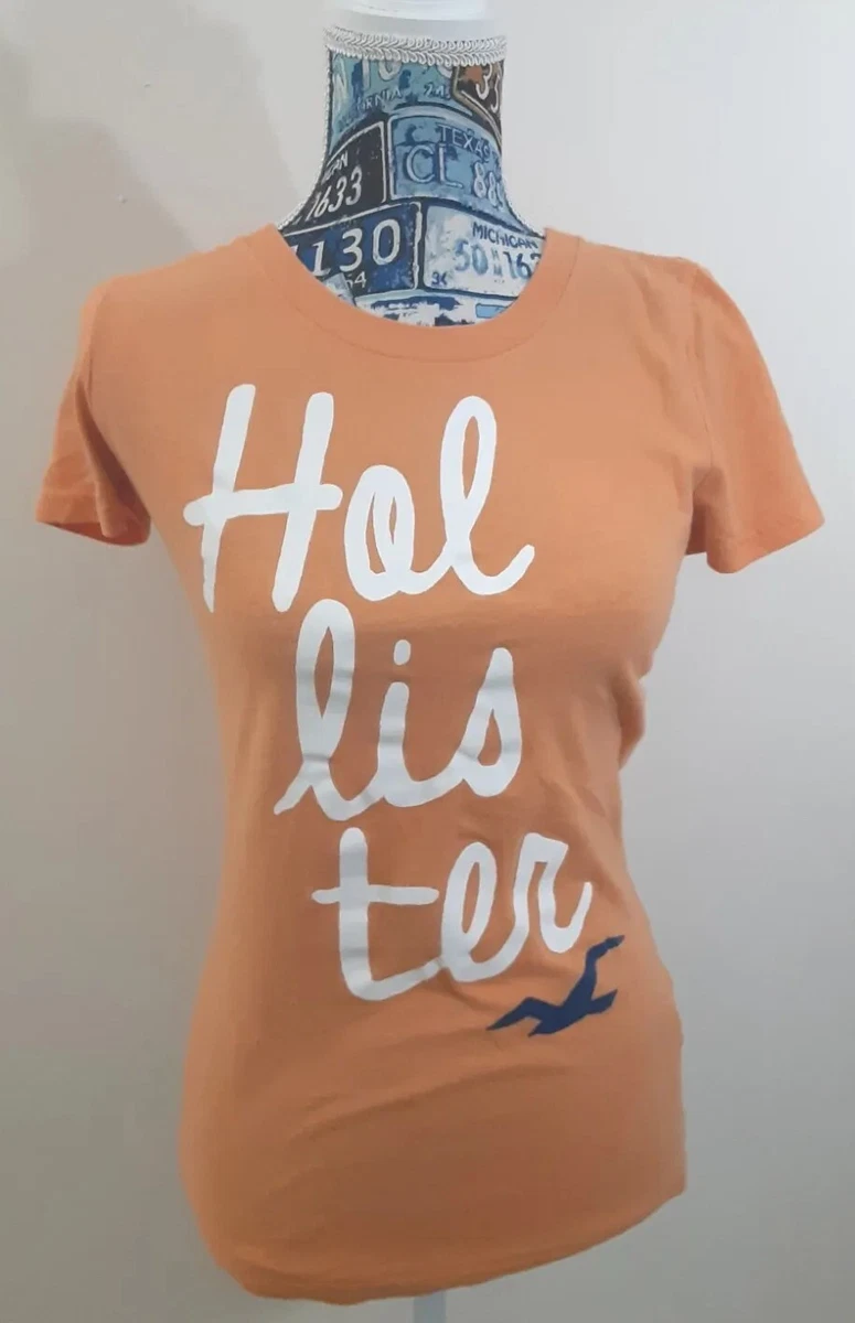 Hollister Spellout Logo T Shirt Women s Size Medium Orange White