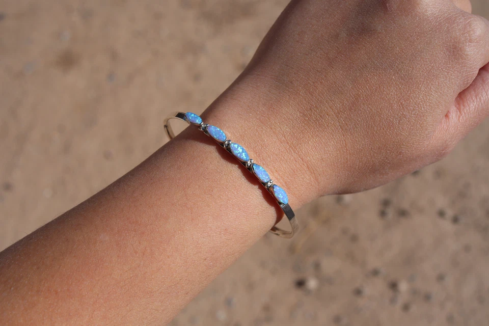 Bracelete de punho fino Zuni feito à mão opala nativa americana prata esterlina tamanho 6,5 - Imagem 3 de 4