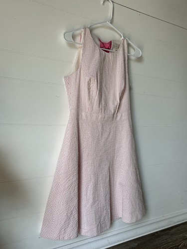 J. Crew Preppy Dress NWT Striped Pink Seersucker Ribbon Bow Fit Flare Sz 2 - Picture 4 of 12