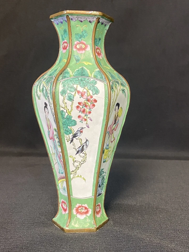 Jarrón vintage esmalte cantón chino pintado a mano hexagonal 6 paneles Foto 3 de 4