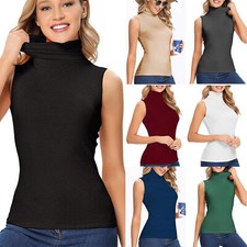 Women Turtleneck Tank Top Stretch Ribbed Knit Fitted Durable Sleeveless Shirts