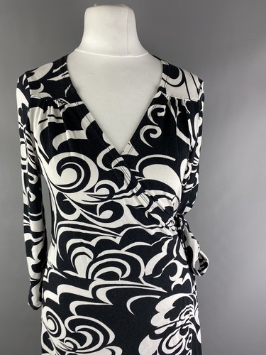 Marks and Spencer Size 10 Black White Monochrome 3/4 Sleeve Wrap Jersey Dress - Picture 2 of 12