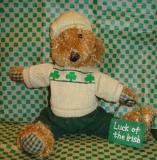 Plush St. Patrick's Day Paddy Bear Dressed in Sweater and Holding Sign