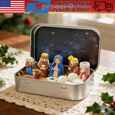 Mini Christmas Nativity Set in Tin Box, Portable Pocket Nativity Scene Decor