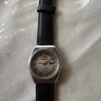 Orient 3 Star Automatic Day/Date Silver Dial Black Leather Strap Vintage