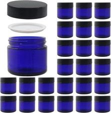 24 Pack 2 oz Round Blue Glass Cosmetic Jars with Inner Liners and Black Lids,...