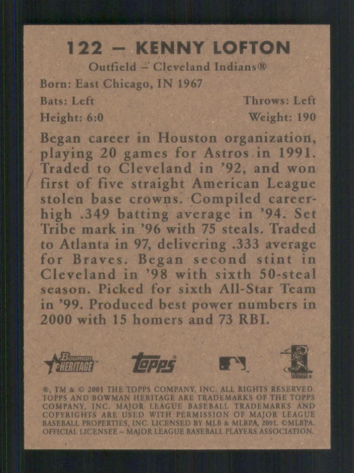 2001 Bowman Heritage #122 Kenny Lofton Cleveland Indians 44359 - Image 2 of 2