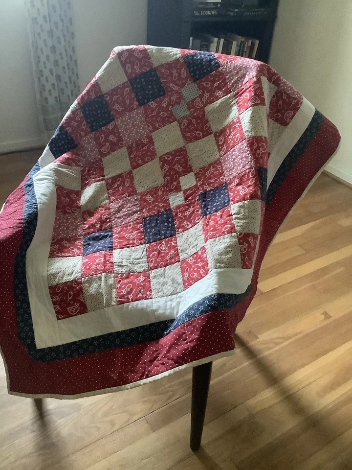 Handmade Lap Quilt Nautical Theme Blue White Red large - Image 2 of 4