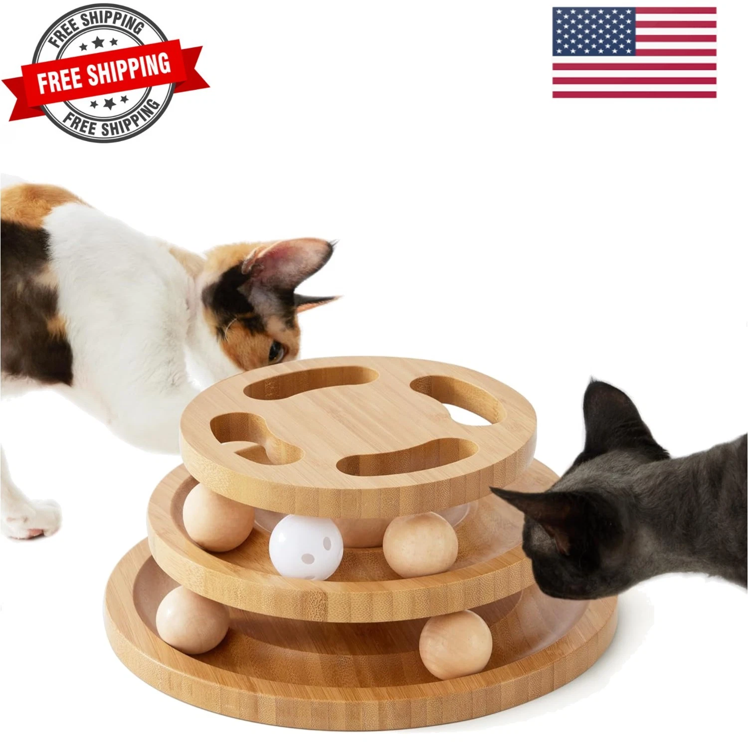 Cat Ball Track Toy with Puzzle Top, Wooden Cat Toys for Indoor Cats with Spin...