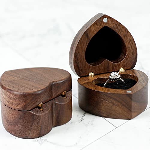 Handmade Wooden Heart Ring Box with Velvet Soft Interior for Jewelry