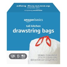 Amazon Basics 13 Gallon Tall Kitchen Drawstring 120 Count Pack of 1 , White