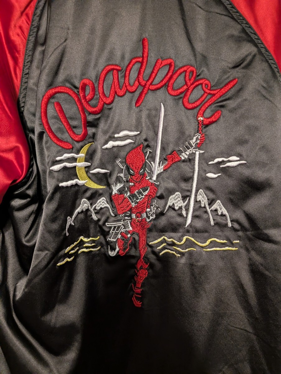 Marvel Deadpool Men's Varsity Style Jacket - Red Black Satin
