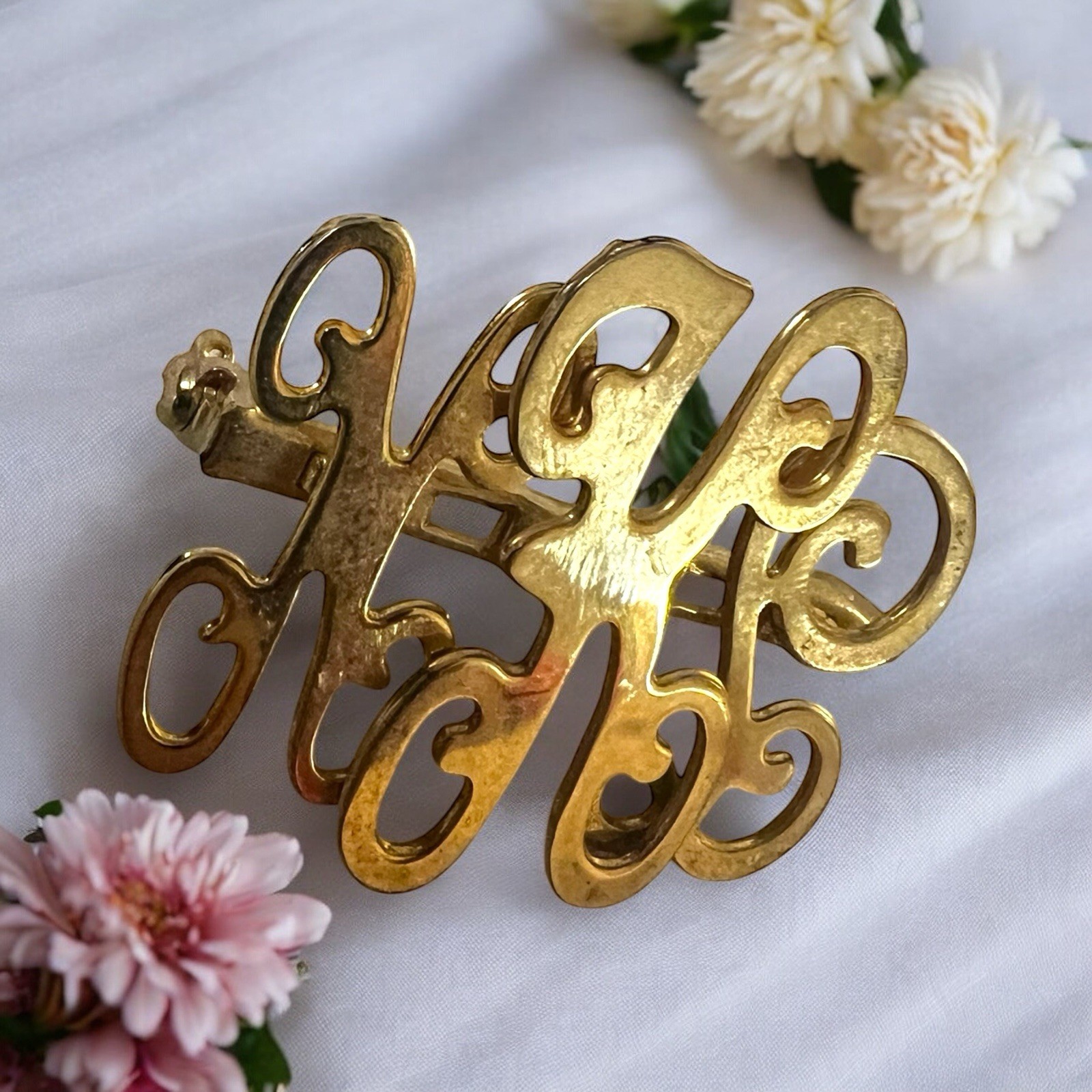 Vintage Monogram Triple Script Initials Gold-Tone… - image 6