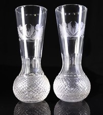 Pair Of Edinburgh Crystal Thistle Pattern Glass Posy Vases H-17cm, 6" 3/4