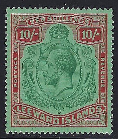 Leeward Islands, 1928, Scott #82, 10sh Red & Green on Emerald, Mint, L.H.