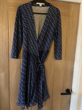 Diane von Furstenberg Women's Silk Wrap Dress Size UK 8 Blue Spot V-Neck VGC