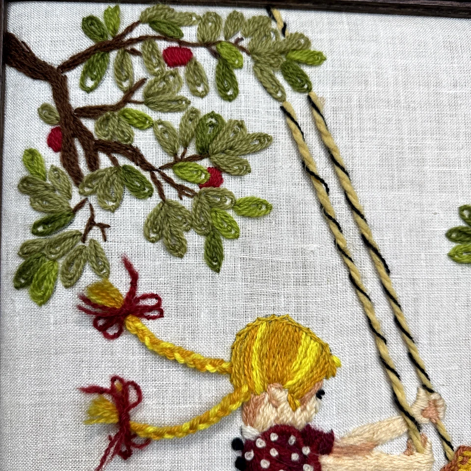 Vintage Folk Art Embroidery Needlepoint Framed Farm Art Tree Swing 23"x19"x1 - Image 3 of 4