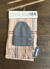 Steve Madden Women s plaid scarf Gray beanie hat set New 4025