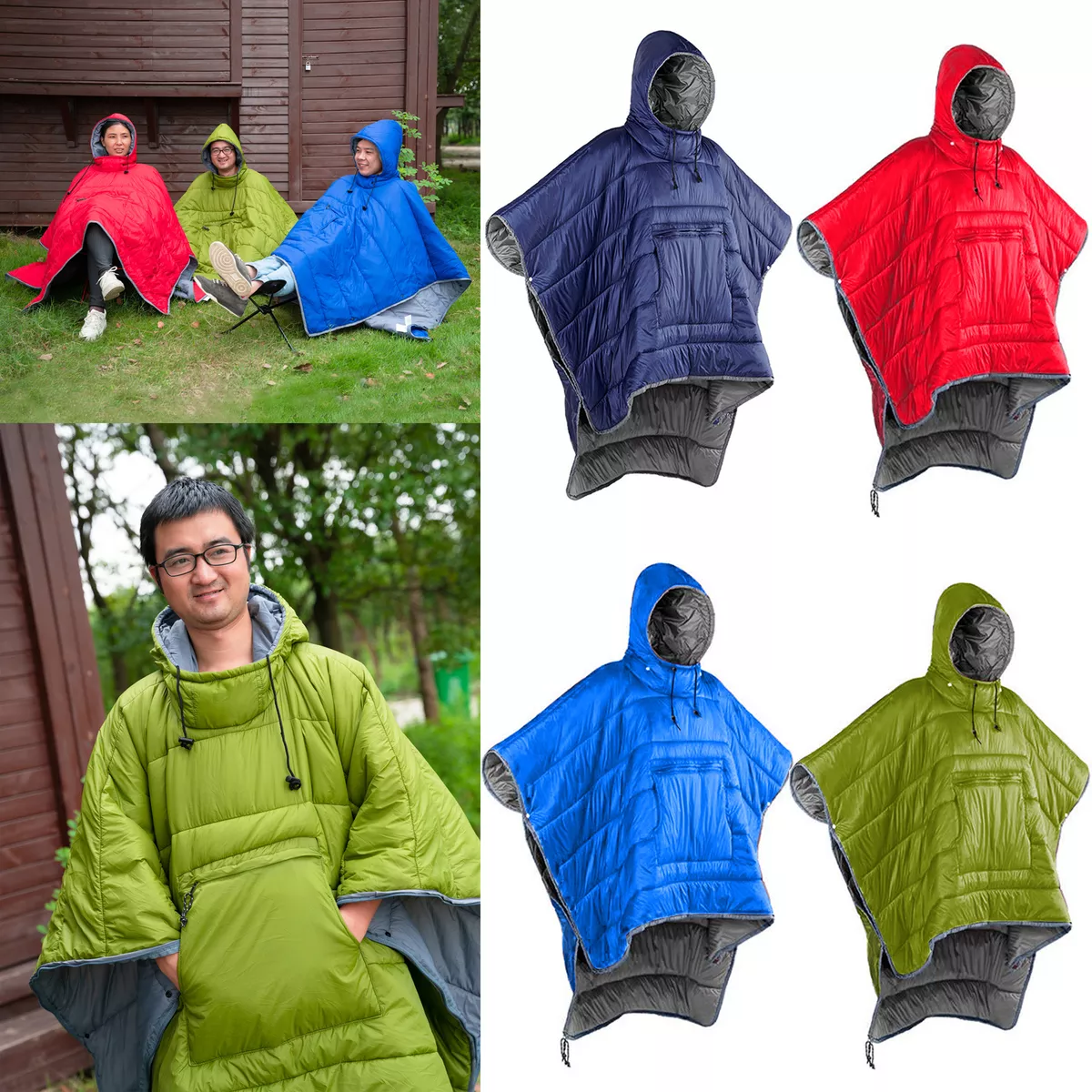 Outdoor Foldable Camping Hiking Cotton Down Poncho Coat Quilted