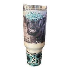 40oz Stainless Steel Sublimation Tumbler W/Handle Highland Cow Sunflowers Coffee