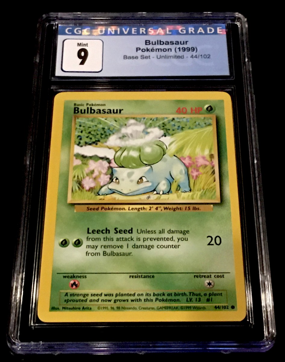 1999 bulbasaur pokemon card 1999 POKEMON BASE SET BULBASAUR 44/102 CGC 9 MINT- EXCELLENT-FRESHLY  GRADED!