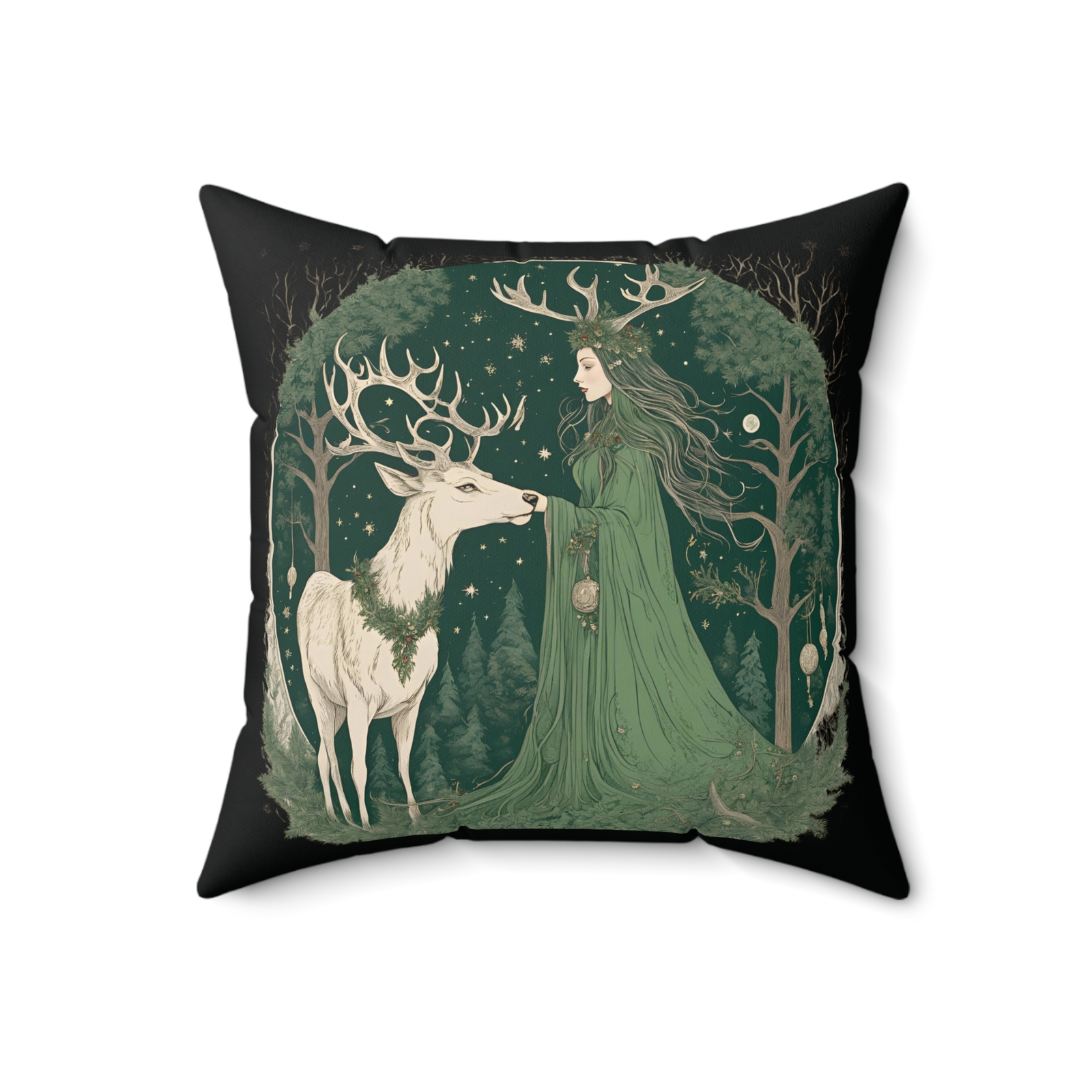 Yule Witch in Greens Spun Polyester Square Pillow Festive Throw Cushion, Gifts