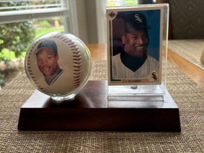 Bo Jackson 1990 Copyright MLB Fotoball on stand with card holder