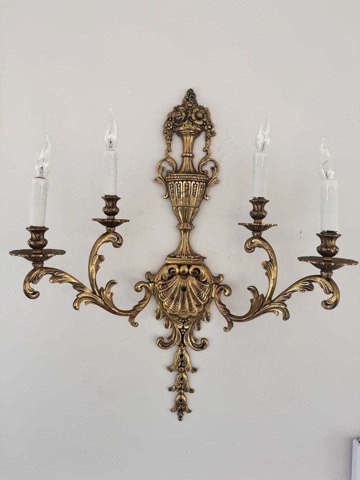 Vintage Large Ornate Spanish 4-arm Solid brass wall sconce fixture H29xW23”Spain - Image 2 of 4
