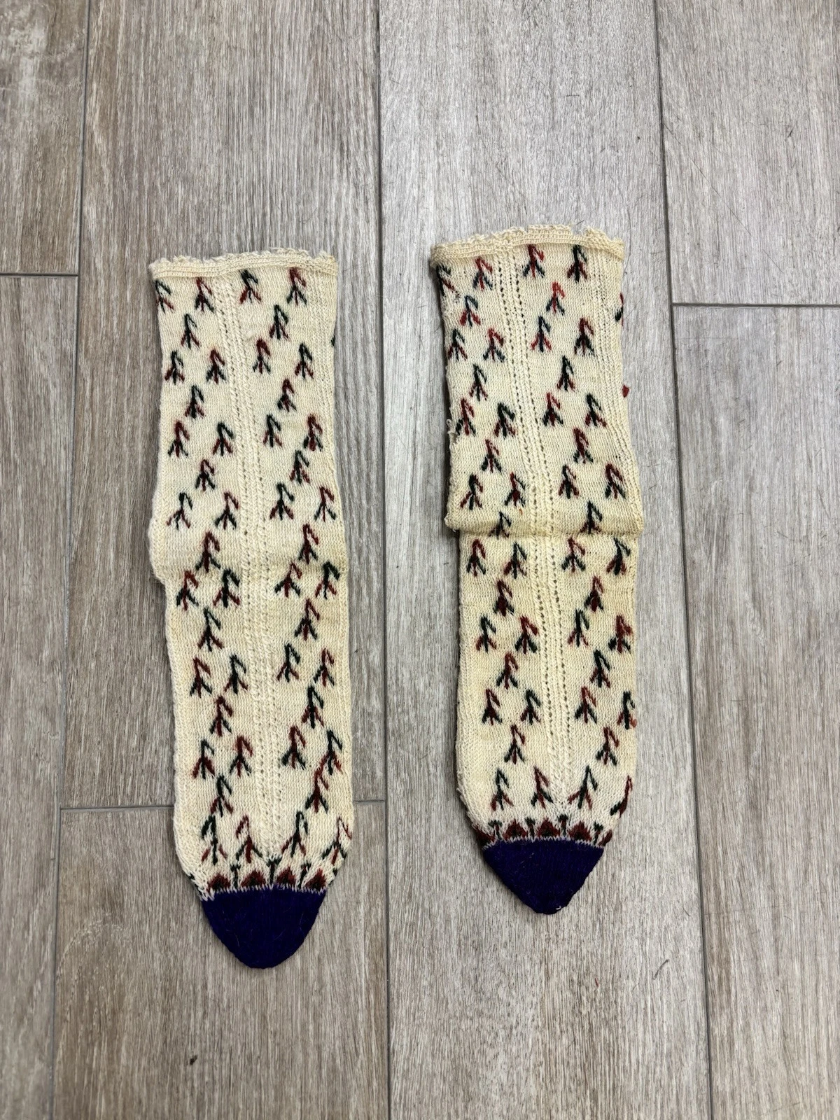Antique 1900s Turkish Hand Knit Wool Socks Cream Green Red Blue AS IS