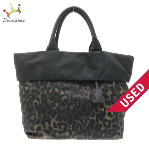 Used Prada Tessuto Double Tote Bag Reversible/Leopard Print Khaki Black Nylon - Afbeelding 1 van 11