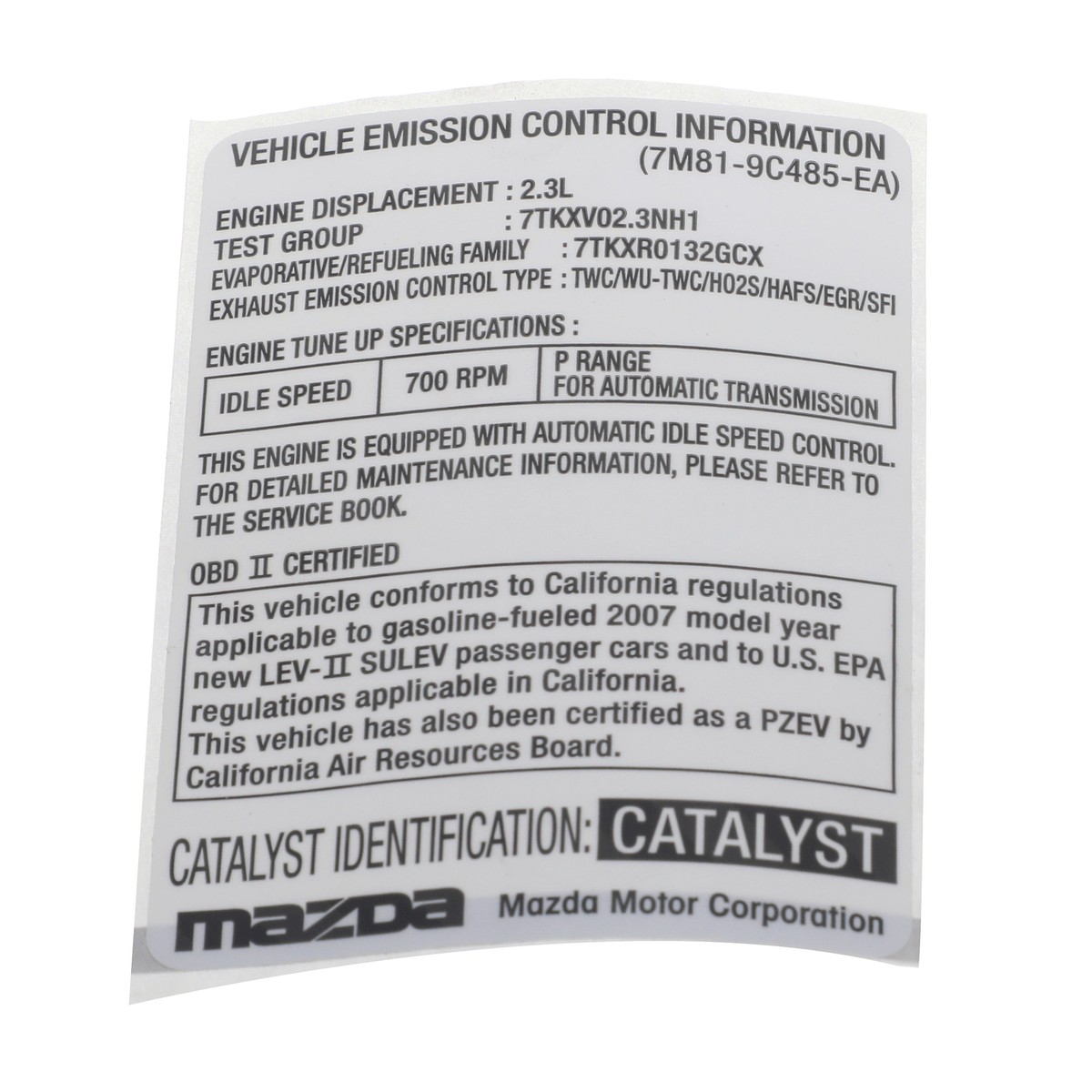 NEW OEM Mazda 2006-07 Mazda6 Emission Label Engine Compliance
