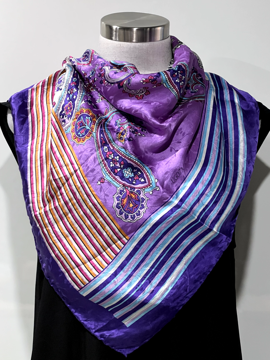 UGOZA Purple Silk Satin Jacquard Stripe, Floral, Paisley