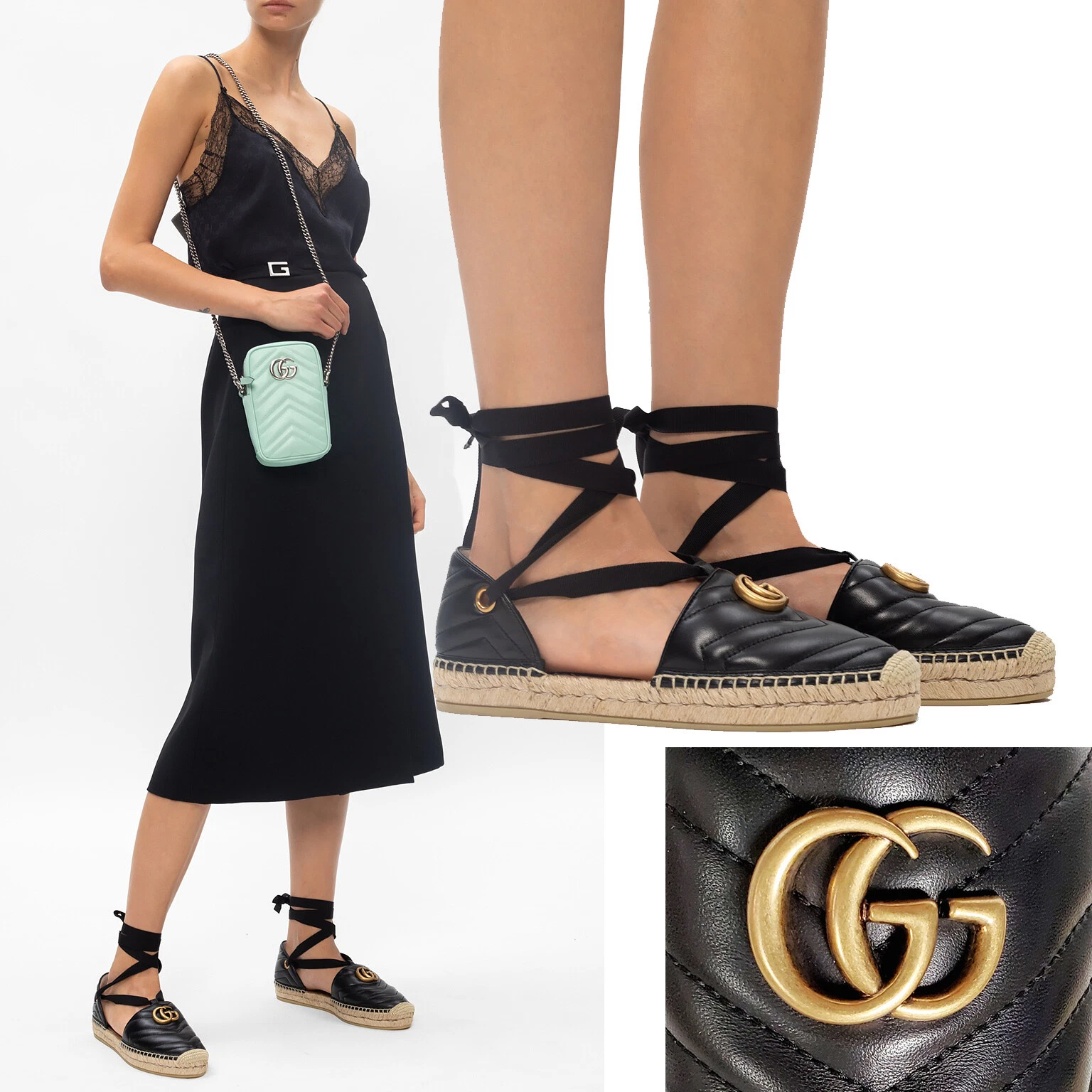 CHAUSSURES GUCCI PLATES PILAR CHEVILLE ENVELOPPE DOUBLE GG CUIR ESPADRILLE 39,5 US 9,5