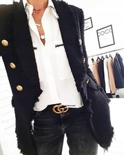 A871 ZARA BLACK BLAZER TWEED GOLD BUTTONS COAT JACKET WOOL TRINNY WOODALL - M