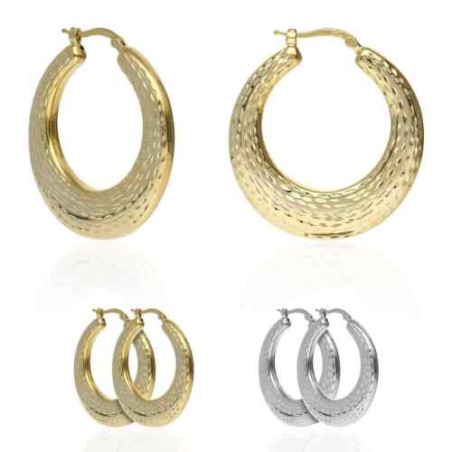 Yellow White Gold Tone Plated 925 Sterling Silver Diamond Cut Hoop Earrings - Picture 1 of 15