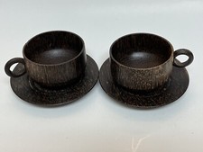 Lot of 2 Carved Wood Cup and Saucer Sets Boho Chic Wooden Tea Coffee    DEFECT   