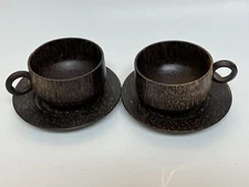 Lot of 2 Carved Wood Cup and Saucer Sets Boho Chic Wooden Tea Coffee ‼️DEFECT‼️